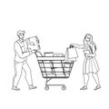 Shoppers Couple Goods Add To Cart In Market Vector