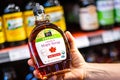 Shoppers hand holding a plastic bear jar of 365 whole foods brand of organic Grade A Maple syrup