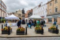 Shoppers in historic Shrewsbury Square at market stalls Royalty Free Stock Photo