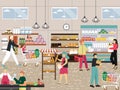 Shoppers in supermarket, grocery store, food shop, vector illustration. People buying fruit, fresh bread, diary products Royalty Free Stock Photo