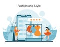 Shoppers use a smartphone app to rate outfits, embodying the modern interplay of fashion, technology, and consumer