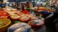 Shoppers visit the famous seafood market in Donggang Taiwan