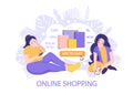 Shopping addiction concept. Happy woman bought many expensive things through online internet shop