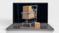 The trolley and box on notebook for e commerces concept 3d rendering