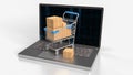 The trolley and box on notebook for e commerces concept 3d rendering