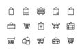 Shopping bag and basket vector linear icons set. Collection contains such icons as sales, shopping bag, package, purchases and Royalty Free Stock Photo