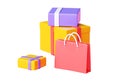 Shopping bag and box pile 3d render - group of various shop and gift paper packs.