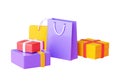 Shopping bag and box pile 3d render - group of various shop and gift paper packs.