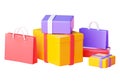 Shopping bag and box pile 3d render - group of various shop and gift paper packs.