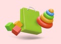 Shopping bag with colorful 3d educational toys. Colorful poster for web store selling toys