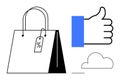 Shopping Bag with Discount Tag, Thumbs-Up Icon, and Cloud Symbol E-Commerce and Customer Satisfaction Royalty Free Stock Photo