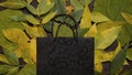 Shopping bag with empty space for text on autumn background from dry leaves. Black Friday backdrop. Deal concept. Mock-up for Royalty Free Stock Photo