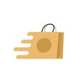 Shopping bag fast vector logo, flat cartoon quick paper bag icon isolated, concept of fast delivery or shipping clipart