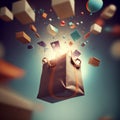 Shopping bag with flying boxes and air balloons. 3d rendering Royalty Free Stock Photo