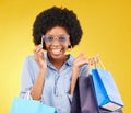 Shopping bag, happy phone call or portrait black woman with sales product, discount fashion deal or mall store present Royalty Free Stock Photo