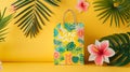 Summer Tropical Sale Bag Floral Design Yellow art palm shop print style image Royalty Free Stock Photo