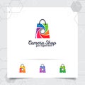 Shopping bag logo design concept of online shop icon and camera lens vector used for camera store, e-commerce, and supermarket Royalty Free Stock Photo