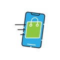 Shopping Bag with mobile phone icon Vector Design. Shopping Bag icon with smartphone design concept for e-commerce, online store Royalty Free Stock Photo