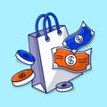 Shopping bag with money and coin hand drawn  illustration Royalty Free Stock Photo