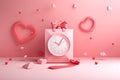 Shopping bag with a paper clock, pink theme background Royalty Free Stock Photo