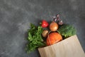 Shopping bag paper full of fresh organic vegetables on dark background.