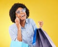 Shopping bag, phone call communication or black woman with sales product, discount fashion deal or mall store present Royalty Free Stock Photo