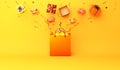 Shopping bag, pumpkin, gift box, confetti on orange background.