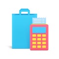 Shopping bag purchase success POS payment terminal invoice bill 3d icon realistic vector