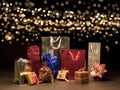 Shopping bag in red, blue, silver, with packages covered with gold-colored gift paper. Sale concept. Idea of gifts, offers, sales