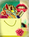 Shopping bag on retro poster.Pop art