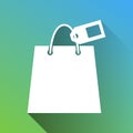 Shopping bag sign with tag. White Icon with gray dropped limitless shadow on green to blue background. Illustration. Royalty Free Stock Photo