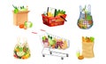 Shopping bags and baskets with grocery products set. Natural food, organic fruits and vegetable vector illustration Royalty Free Stock Photo