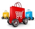 Shopping Bags with Cart Symbol and Wheels