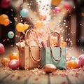 Shopping bags with colorful balloons and confetti, shopping suprise for holiday, wrapped package for birthday, gift boxes