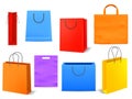 Shopping bags. Empty bright colorful product or present paper handbag, grocery or supermarket package with handle, blank Royalty Free Stock Photo