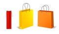 Shopping bags. Empty color paper handbag, fashion square packages with handle different angles view. Store purchase and