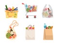 Shopping bags with foods. Grocery purchases, paper packages, plastic bag, trolley and basket with products. Buying