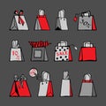 Shopping bags icons and tags. Hand-drawn set. Vector illustration