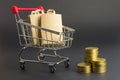 Shopping bags in metal wire grocery shopping cart stacks of coins