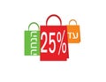 Hebrew Sale banner white text on colorful shopping bags, 25 percent off