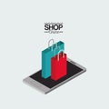 Shopping bags over smartphone colorful poster isometric shop online