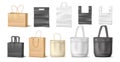 Shopping bags. Realistic canvas, plastic and paper bags with handles, white, black and natural beige colors mockups Royalty Free Stock Photo
