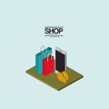 Shopping bags smartphone and coins over green floor colorful poster isometric shop online