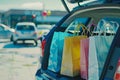 Shopping bags and supplies needs in family car trunk at a shopping mall parking Royalty Free Stock Photo