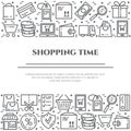 Shopping banner with two horizontal rectangles of line icons with editable stroke.