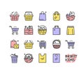 Shopping Basket and Bag Sign Color Thin Line Icon Set. Vector Royalty Free Stock Photo