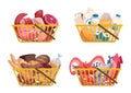 Shopping basket. Bags and packages with groceries organic healthy food vegetables meat and fruits exact vector cartoon grocery Royalty Free Stock Photo