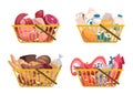 Shopping basket. Bags and packages with groceries organic healthy food vegetables meat and fruits exact vector cartoon Royalty Free Stock Photo