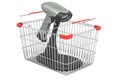 Shopping basket with bar code reader, scanner. 3D rendering