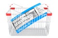 Shopping basket with boarding pass ticket, 3D rendering